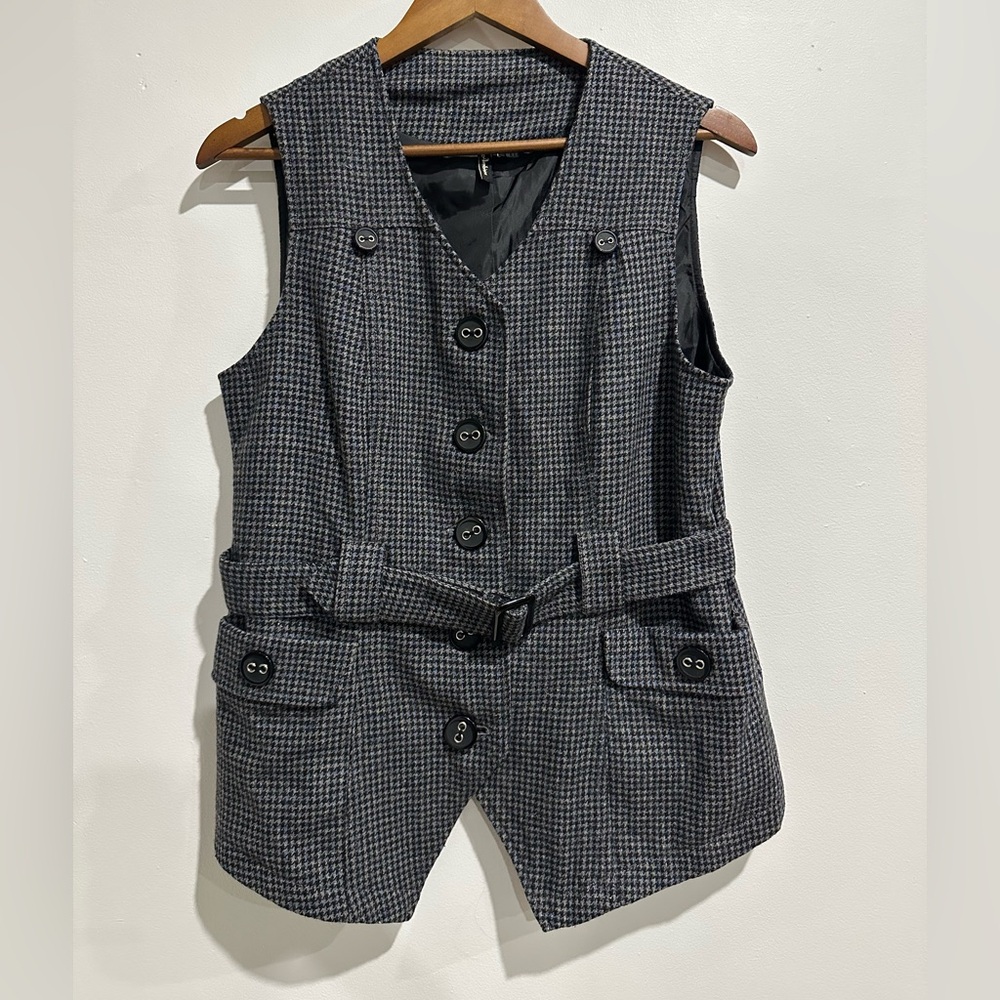 AMBITION Wool Blend Blue Plaid Button Up Belted Vest Size‎ L